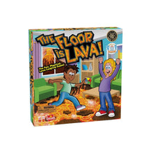 Kids playing Goliath The Floor Is Lava! game with foam stones, spinner, and challenge cards