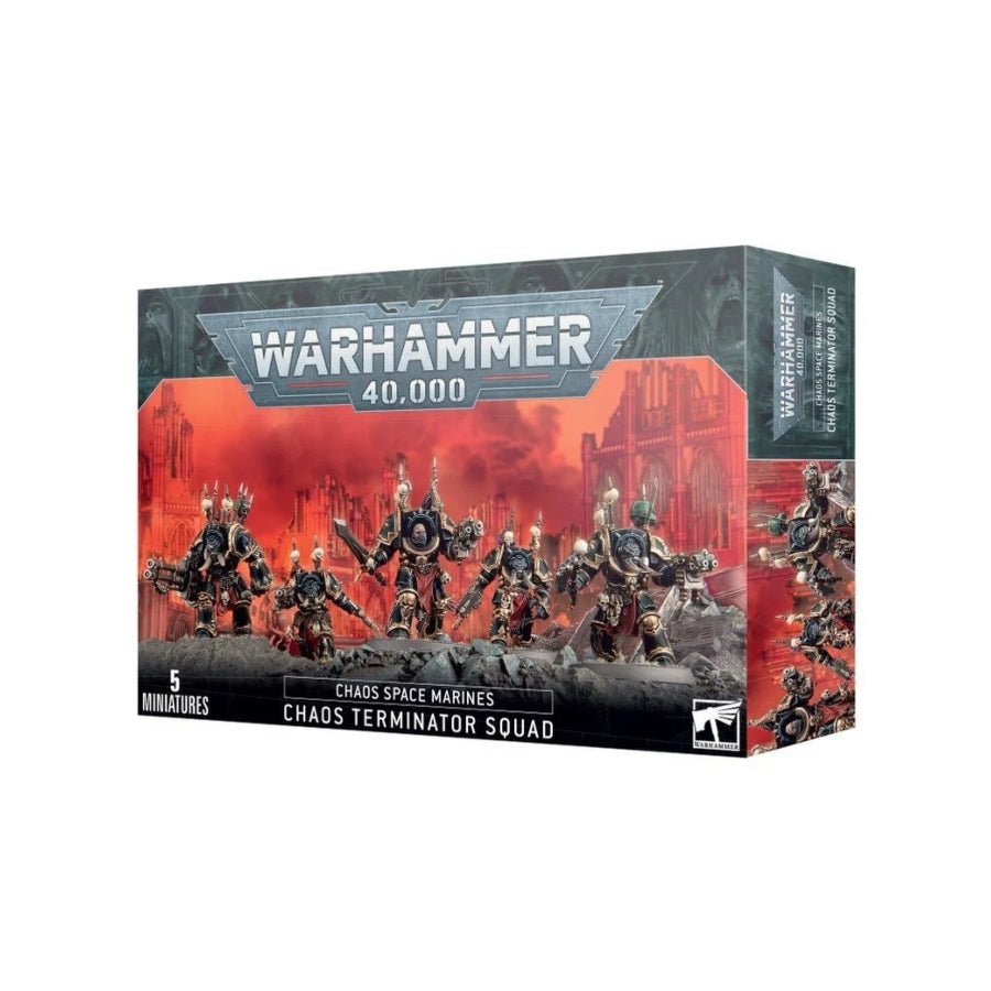 Warhammer 40,000 Chaos Space Marines Terminator Squad (43-19) box set featuring 5 miniatures with various weapon options, available at Aussie Hobbies Australia