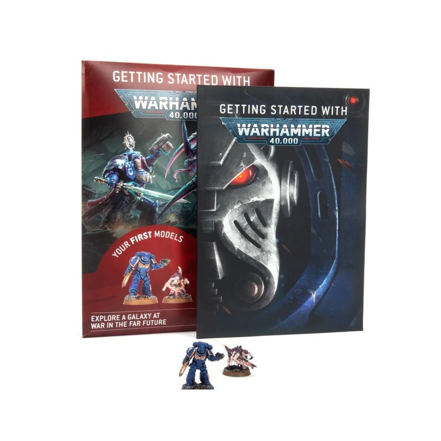 Warhammer 40,000 Getting Started with Warhammer 40K guidebook with Space Marine and Tyranid miniatures, available at Aussie Hobbies Australia