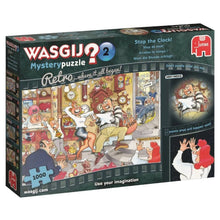Wasgij Mystery Retro 2: Stop The Clock! 1000-piece jigsaw puzzle box front with colourful illustrated artwork.