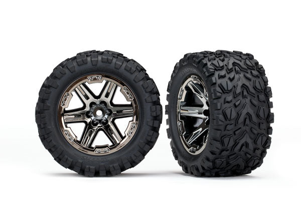 Traxxas 6773X Tires & wheels, assembled, glued (2.8") (RXT black chrome wheels, Talon Extreme tires, foam inserts) (4WD electric front/rear, 2WD electric front only) (2) (TSM rated) - Aussie Hobbies 