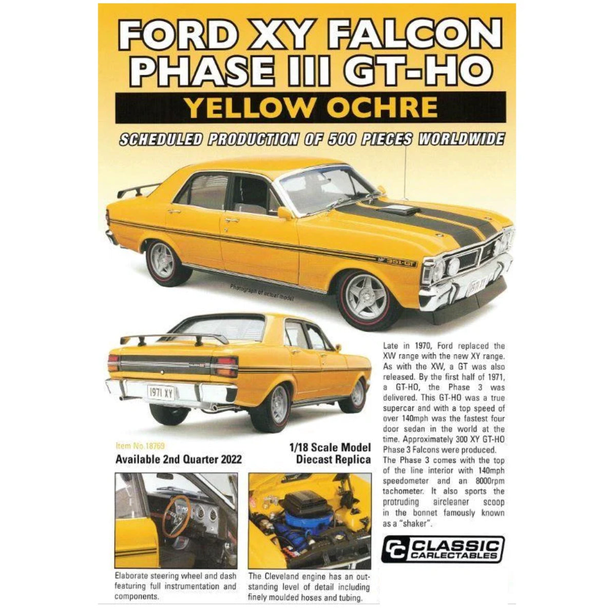 Classic Carlectables 18769 1/18 Ford XY Falcon Phase III GT-HO Yellow Ochre