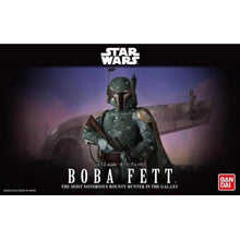 Bandai 1/12 scale Star Wars Boba Fett model kit fully built and posed with blaster.
