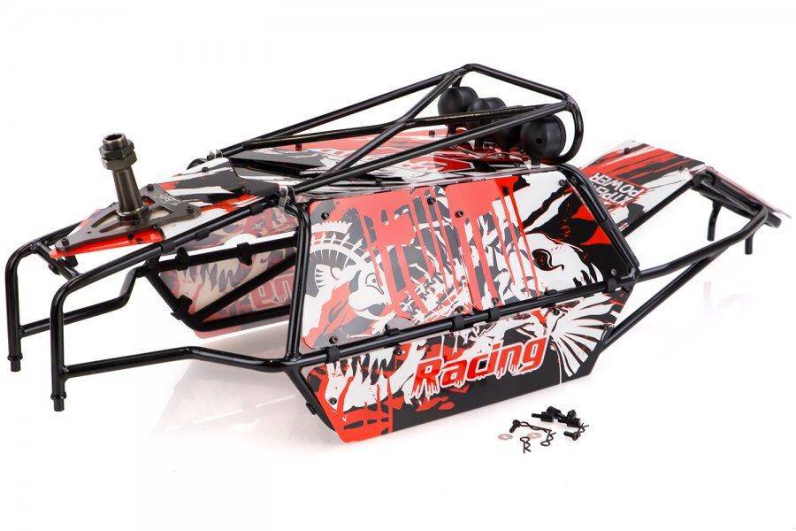 852311 | Rovan Black Steel GT Sand Rail Baja Roll Cage w/ Painted Red Panels and LED Spot Lights & Spare Tyre Mount - Aussie Hobbies 