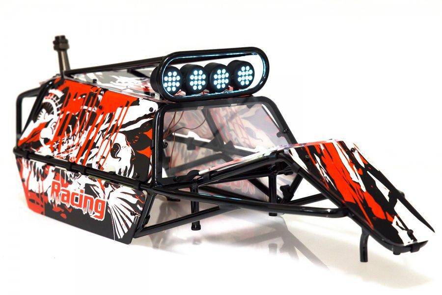 852311 | Rovan Black Steel GT Sand Rail Baja Roll Cage w/ Painted Red Panels and LED Spot Lights & Spare Tyre Mount - Aussie Hobbies 