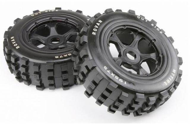 95158A | Rovan 4.7/5.5 Baja 5T/SSC Front MX Tyres on black rims - beadlock wheels 2pcs - Aussie Hobbies 