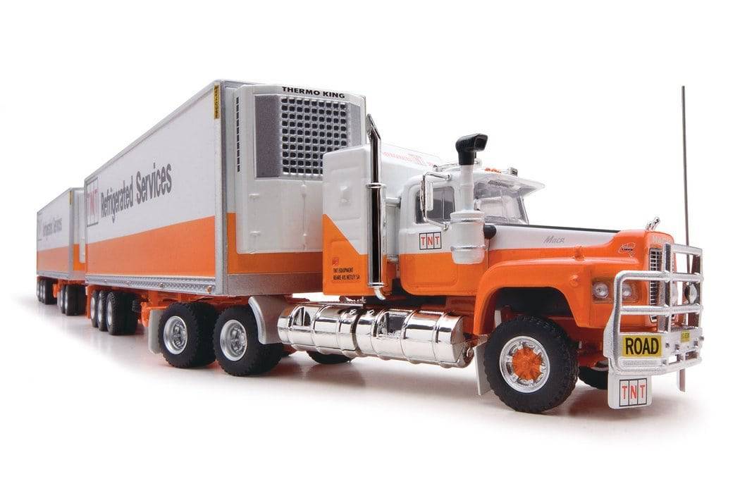 Highway Replicas 12016 1/64 Freight Road Train - TNT Refrigerated Services (Prime Mover, Dolly and 2 Freight Trailers) - Aussie Hobbies 