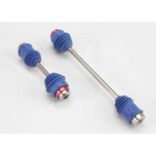 Traxxas 5151R steel constant-velocity center driveshafts set for E‑Maxx with blue dust boots and red anodized accents