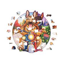 Wood Trick Biker Dogs premium wooden jigsaw puzzle box with biker dog artwork.