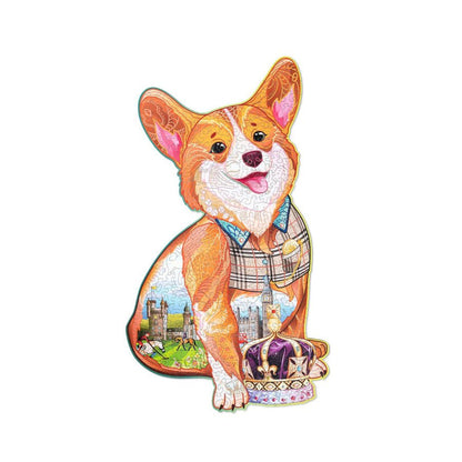 Wood Trick Great Corgi – eco-friendly wooden jigsaw puzzle with laser-cut pieces and colourful Corgi artwork.